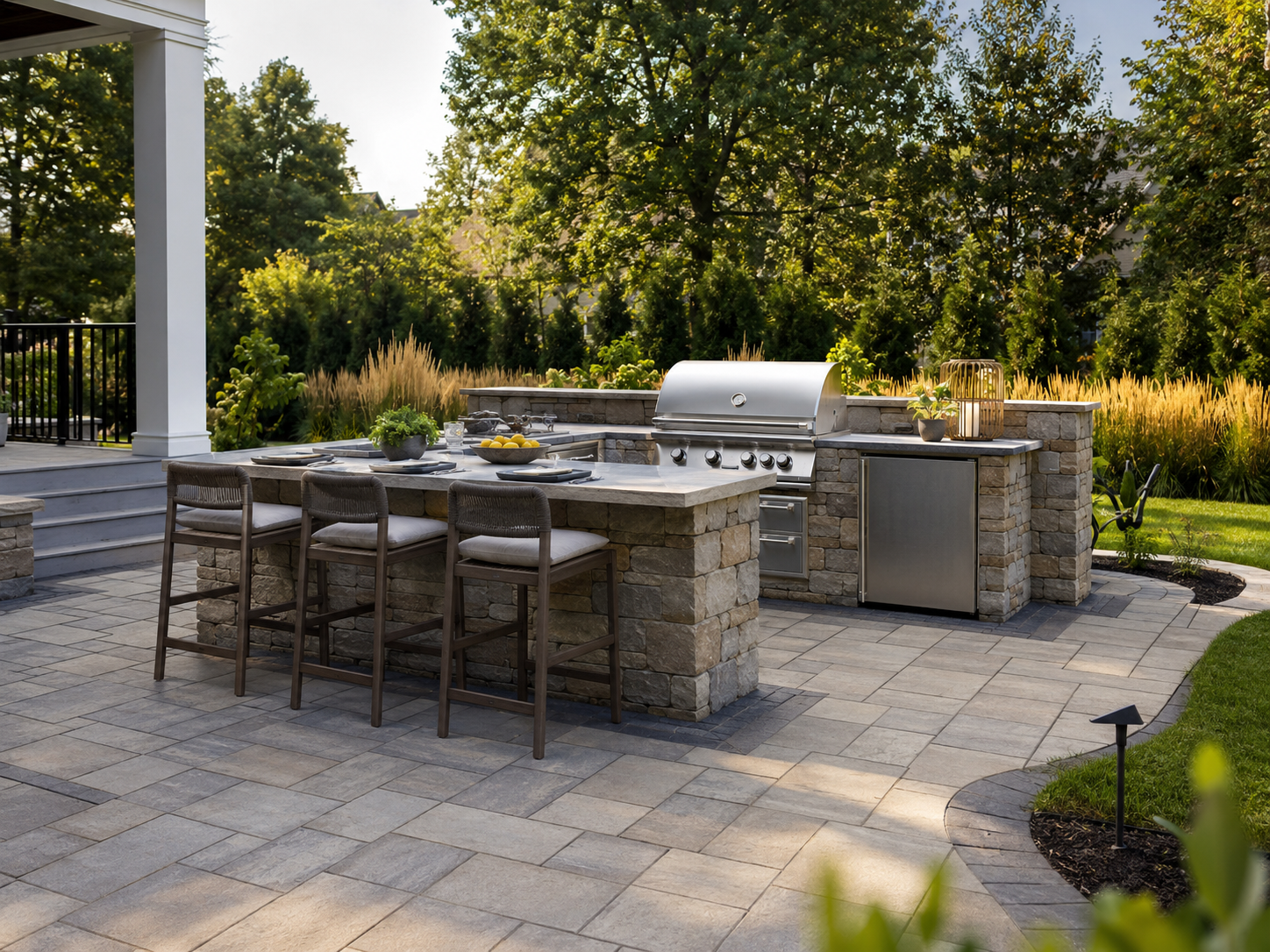 Modern paver outdoor kitchen with built-in grill and seating